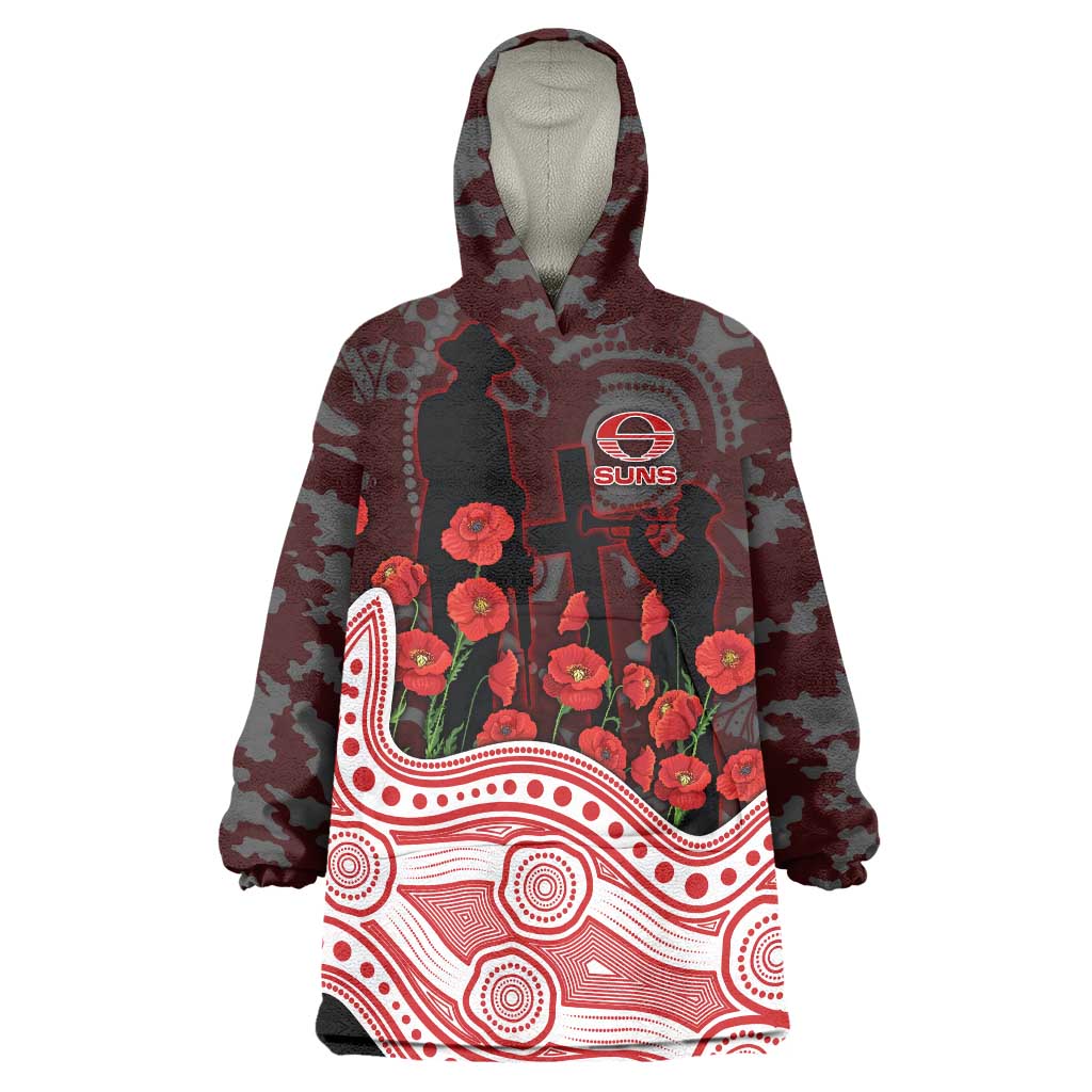 Gold Coast Suns ANZAC Day Wearable Blanket Hoodie Indigenous Dot Art with Poppy Flower Tribute