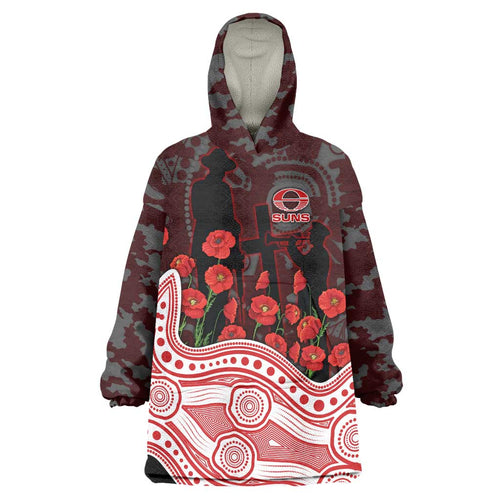 Gold Coast Suns ANZAC Day Wearable Blanket Hoodie Indigenous Dot Art with Poppy Flower Tribute