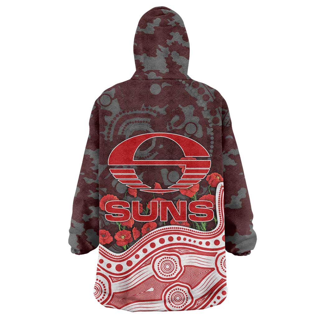 Gold Coast Suns ANZAC Day Wearable Blanket Hoodie Indigenous Dot Art with Poppy Flower Tribute