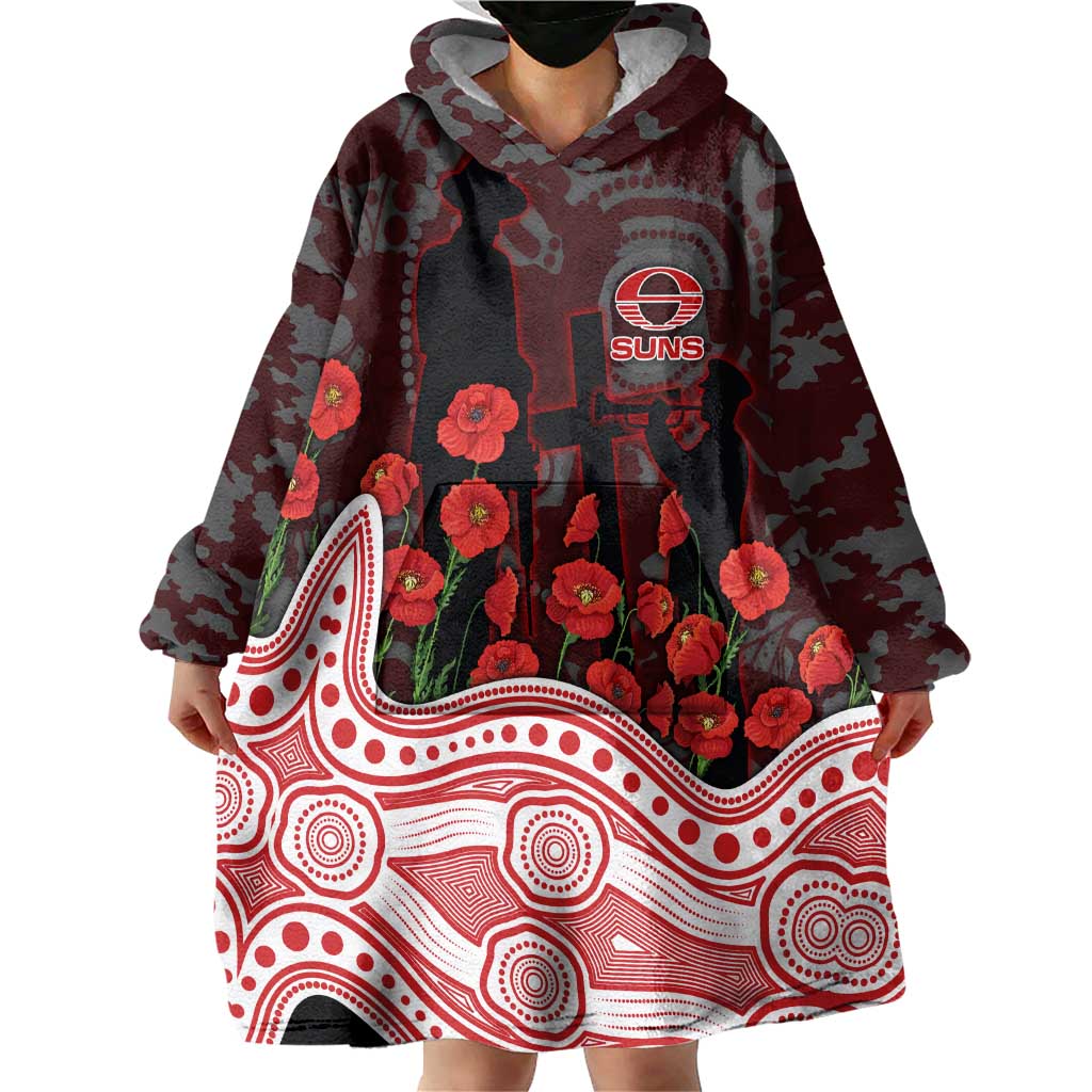 Gold Coast Suns ANZAC Day Wearable Blanket Hoodie Indigenous Dot Art with Poppy Flower Tribute