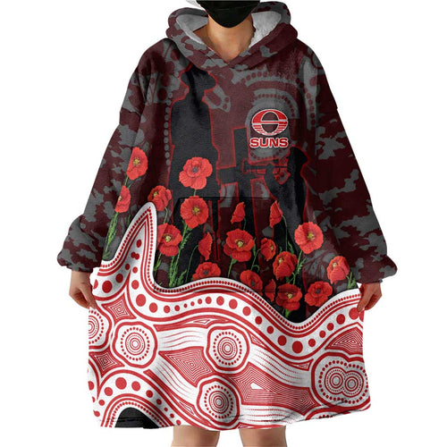 Gold Coast Suns ANZAC Day Wearable Blanket Hoodie Indigenous Dot Art with Poppy Flower Tribute