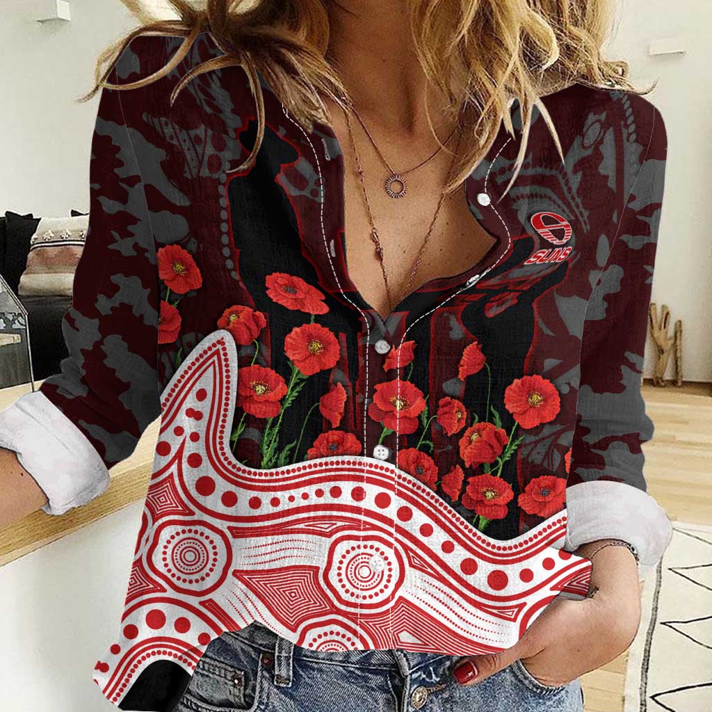 Gold Coast Suns ANZAC Day Women Casual Shirt Indigenous Dot Art with Poppy Flower Tribute
