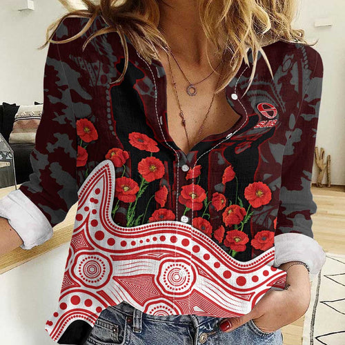 Gold Coast Suns ANZAC Day Women Casual Shirt Indigenous Dot Art with Poppy Flower Tribute