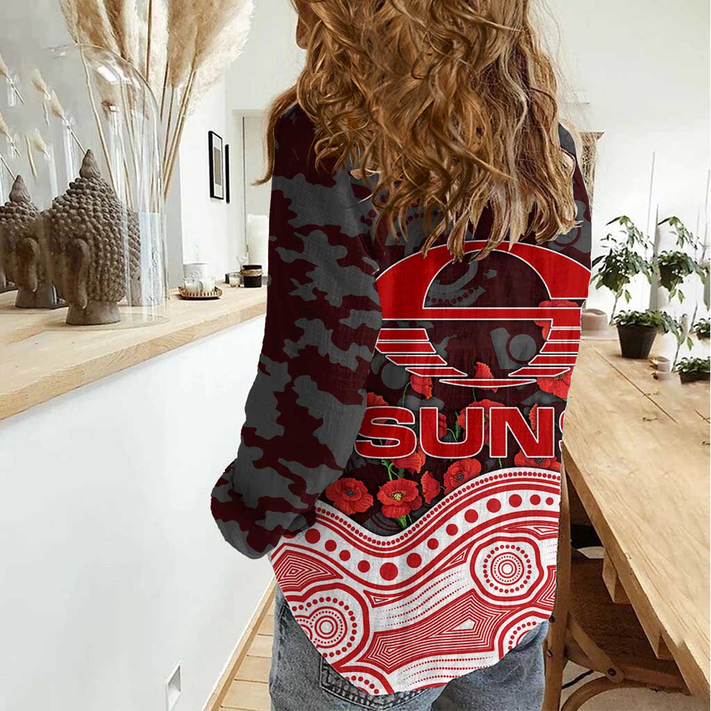 Gold Coast Suns ANZAC Day Women Casual Shirt Indigenous Dot Art with Poppy Flower Tribute