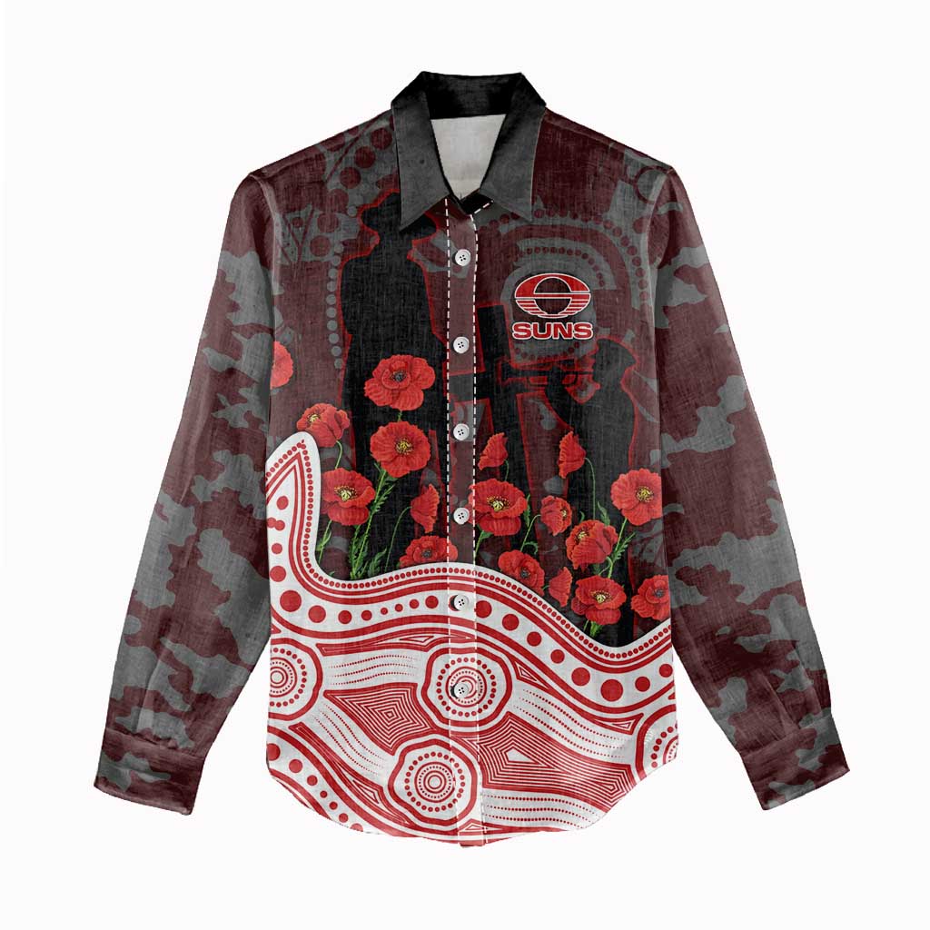 Gold Coast Suns ANZAC Day Women Casual Shirt Indigenous Dot Art with Poppy Flower Tribute