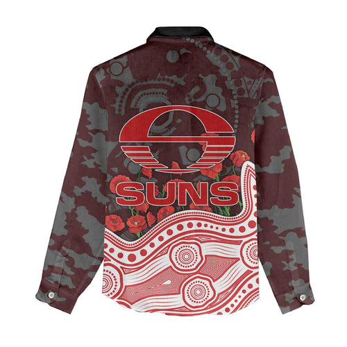Gold Coast Suns ANZAC Day Women Casual Shirt Indigenous Dot Art with Poppy Flower Tribute