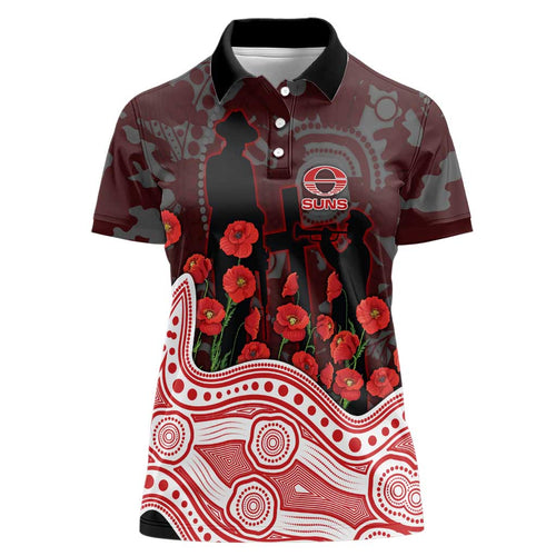 Gold Coast Suns ANZAC Day Women Polo Shirt Indigenous Dot Art with Poppy Flower Tribute
