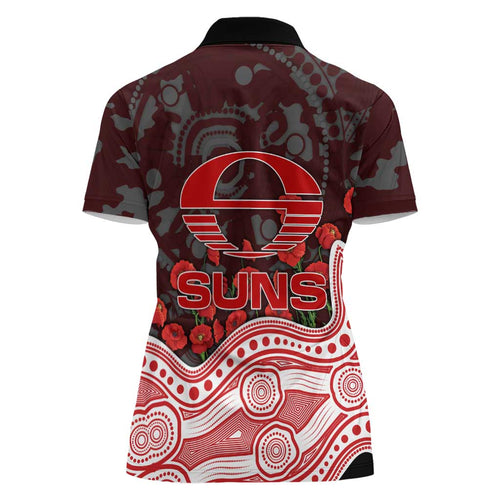 Gold Coast Suns ANZAC Day Women Polo Shirt Indigenous Dot Art with Poppy Flower Tribute