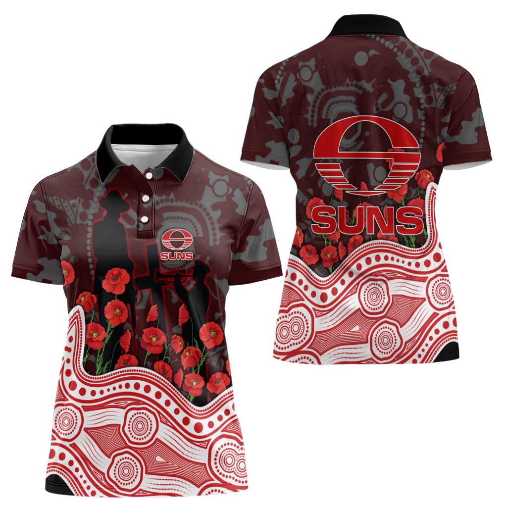 Gold Coast Suns ANZAC Day Women Polo Shirt Indigenous Dot Art with Poppy Flower Tribute