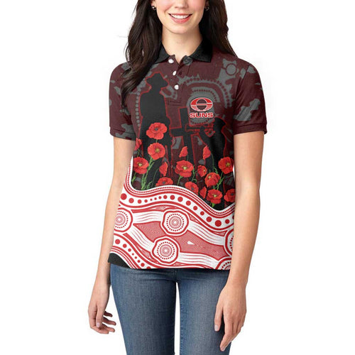 Gold Coast Suns ANZAC Day Women Polo Shirt Indigenous Dot Art with Poppy Flower Tribute