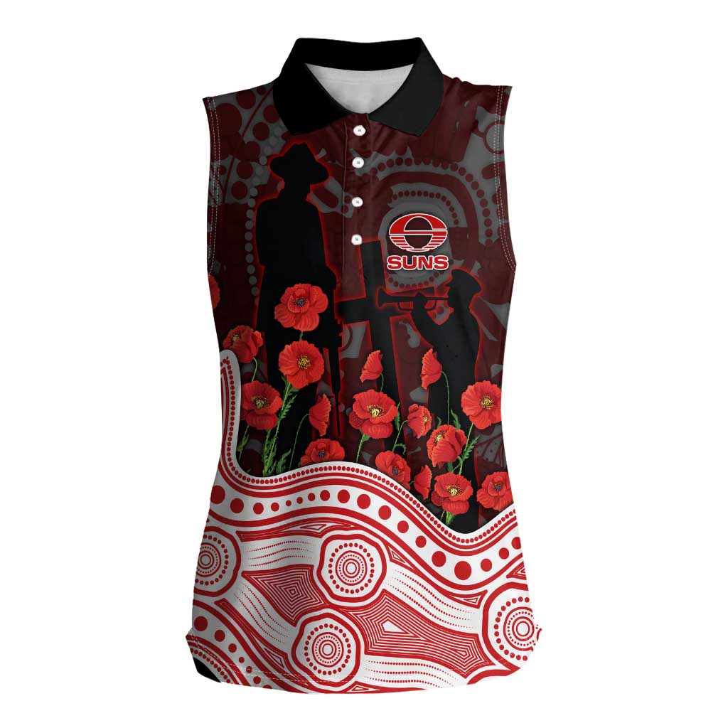 Gold Coast Suns ANZAC Day Women Sleeveless Polo Shirt Indigenous Dot Art with Poppy Flower Tribute