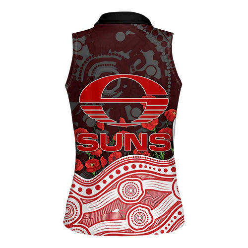 Gold Coast Suns ANZAC Day Women Sleeveless Polo Shirt Indigenous Dot Art with Poppy Flower Tribute