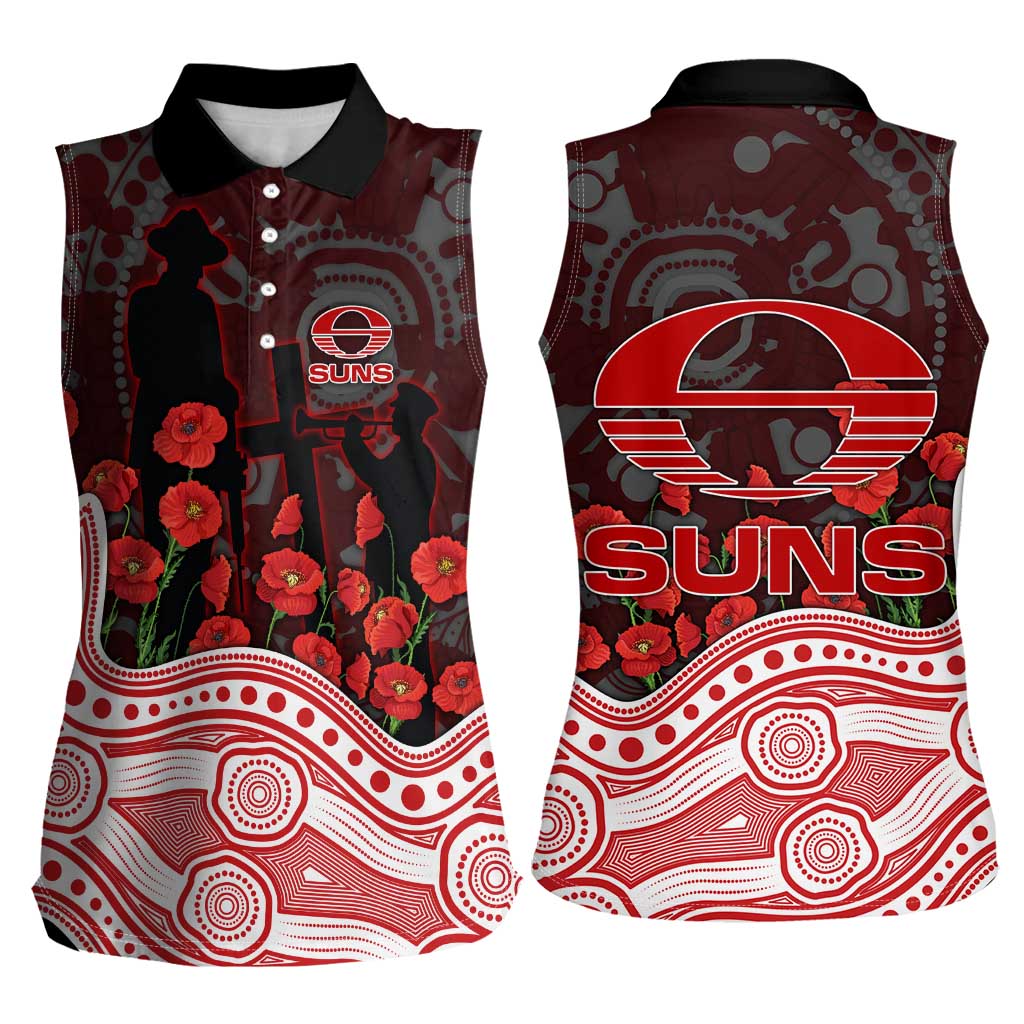 Gold Coast Suns ANZAC Day Women Sleeveless Polo Shirt Indigenous Dot Art with Poppy Flower Tribute