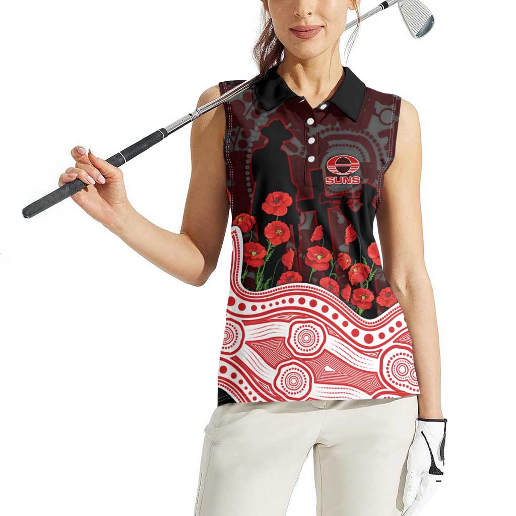 Gold Coast Suns ANZAC Day Women Sleeveless Polo Shirt Indigenous Dot Art with Poppy Flower Tribute