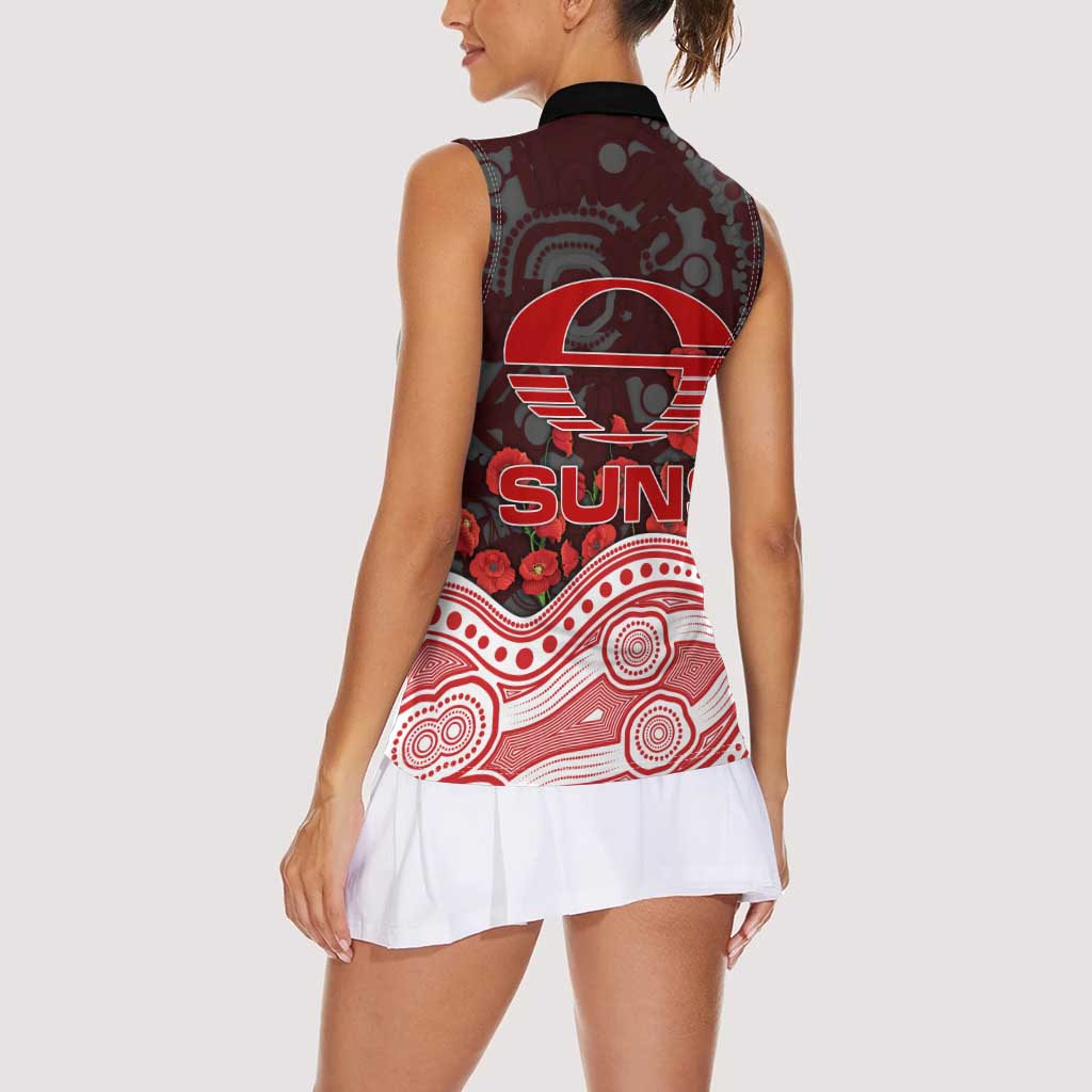 Gold Coast Suns ANZAC Day Women Sleeveless Polo Shirt Indigenous Dot Art with Poppy Flower Tribute