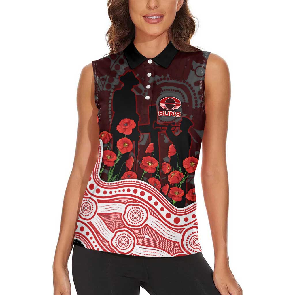 Gold Coast Suns ANZAC Day Women Sleeveless Polo Shirt Indigenous Dot Art with Poppy Flower Tribute