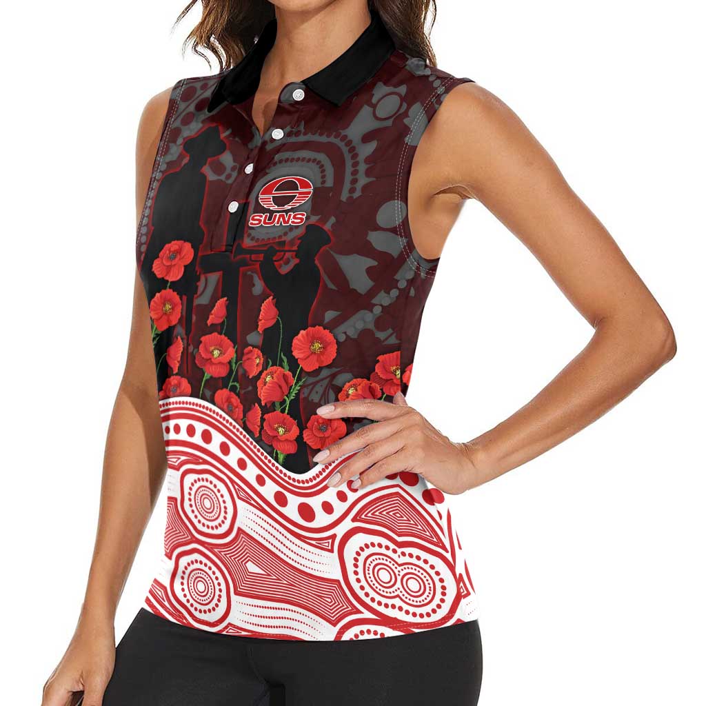 Gold Coast Suns ANZAC Day Women Sleeveless Polo Shirt Indigenous Dot Art with Poppy Flower Tribute