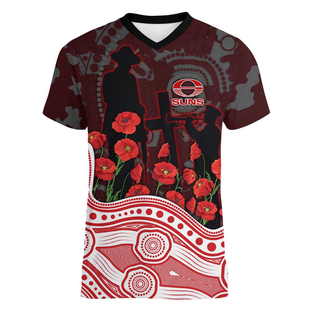 Gold Coast Suns ANZAC Day Women V-Neck T-Shirt Indigenous Dot Art with Poppy Flower Tribute