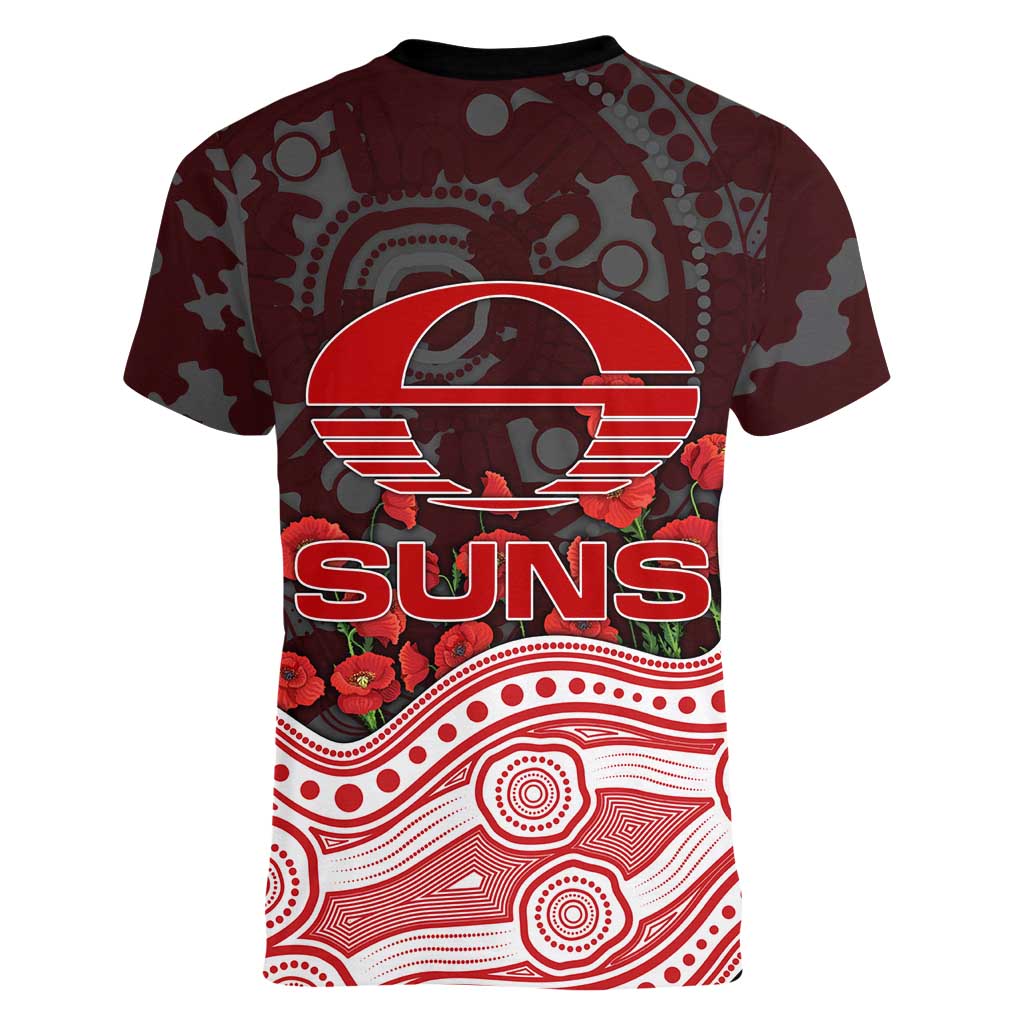 Gold Coast Suns ANZAC Day Women V-Neck T-Shirt Indigenous Dot Art with Poppy Flower Tribute