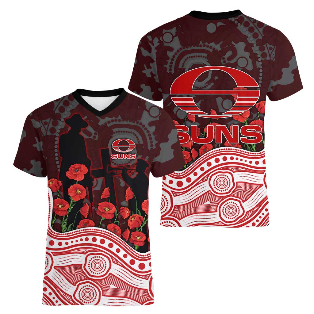 Gold Coast Suns ANZAC Day Women V-Neck T-Shirt Indigenous Dot Art with Poppy Flower Tribute