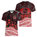 Gold Coast Suns ANZAC Day Women V-Neck T-Shirt Indigenous Dot Art with Poppy Flower Tribute