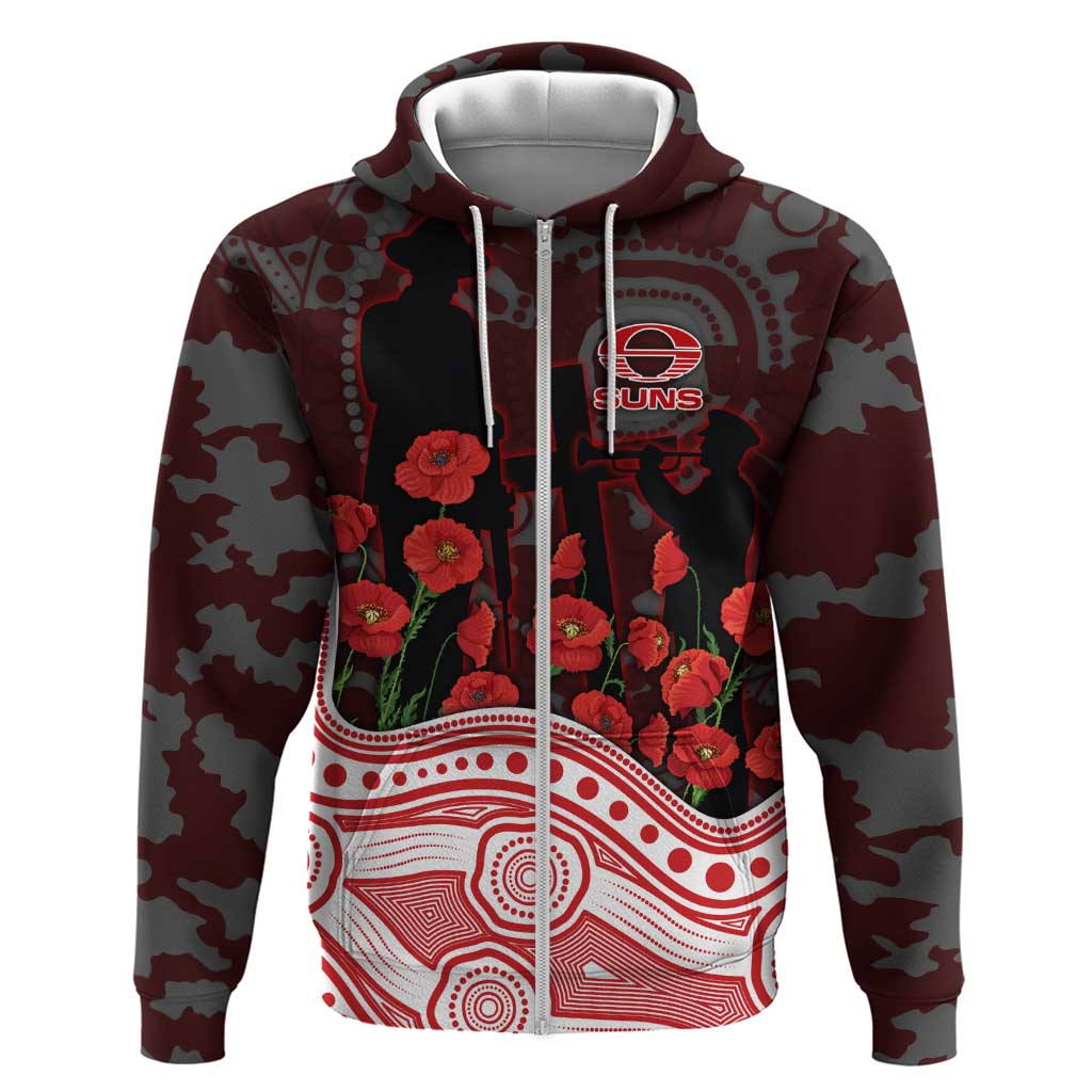 Gold Coast Suns ANZAC Day Zip Hoodie Indigenous Dot Art with Poppy Flower Tribute