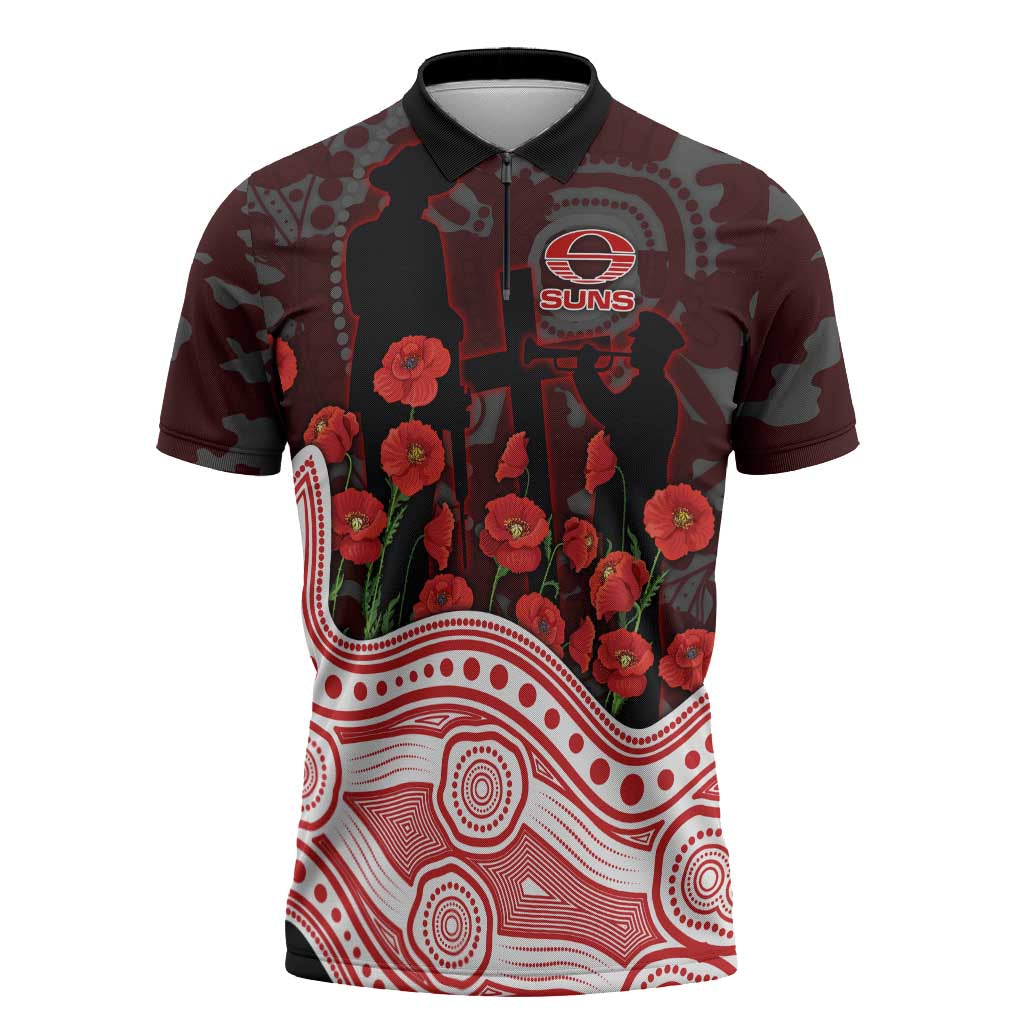 Gold Coast Suns ANZAC Day Zipper Polo Shirt Indigenous Dot Art with Poppy Flower Tribute