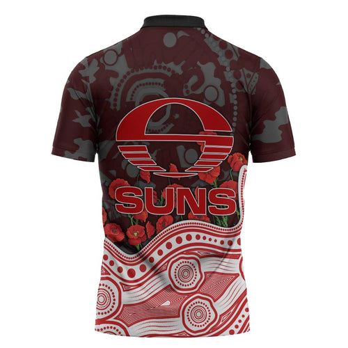 Gold Coast Suns ANZAC Day Zipper Polo Shirt Indigenous Dot Art with Poppy Flower Tribute