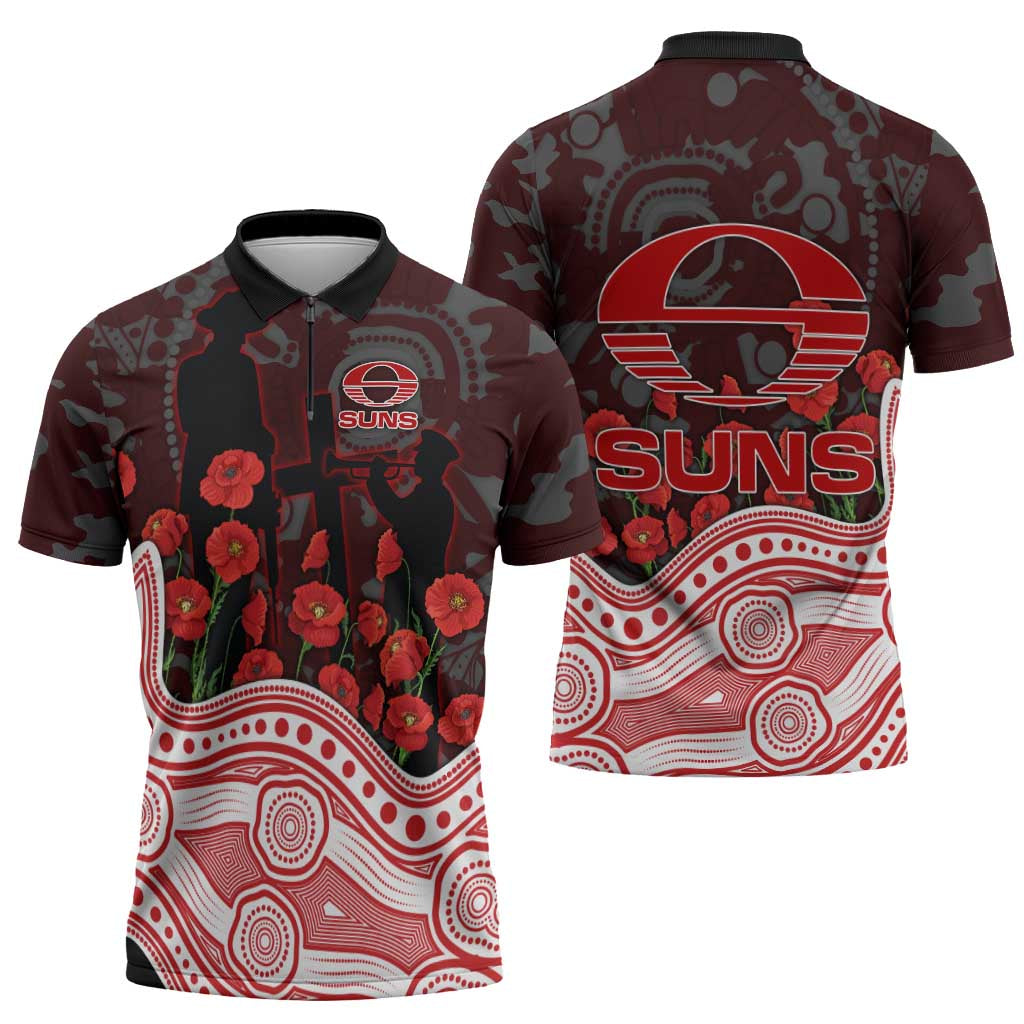 Gold Coast Suns ANZAC Day Zipper Polo Shirt Indigenous Dot Art with Poppy Flower Tribute