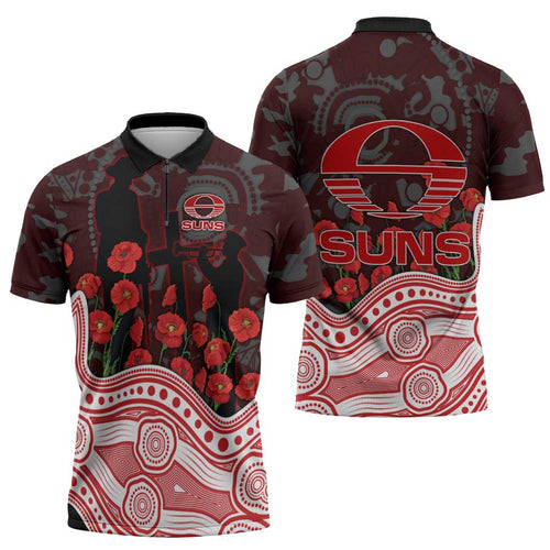 Gold Coast Suns ANZAC Day Zipper Polo Shirt Indigenous Dot Art with Poppy Flower Tribute