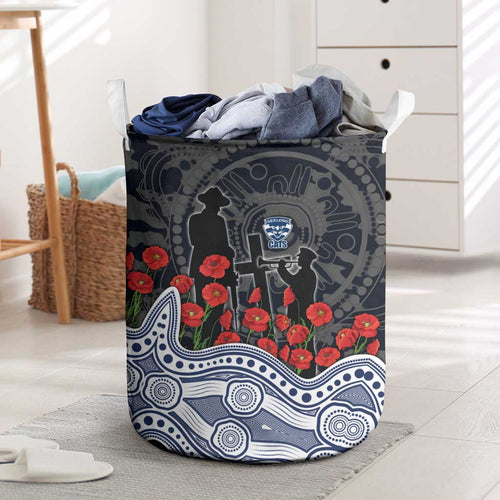 Geelong Cats ANZAC Day Laundry Basket Indigenous Dot Art with Poppy Flower Tribute
