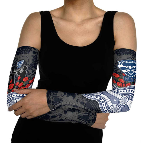 Geelong Cats ANZAC Day Arm Sleeves Indigenous Dot Art with Poppy Flower Tribute