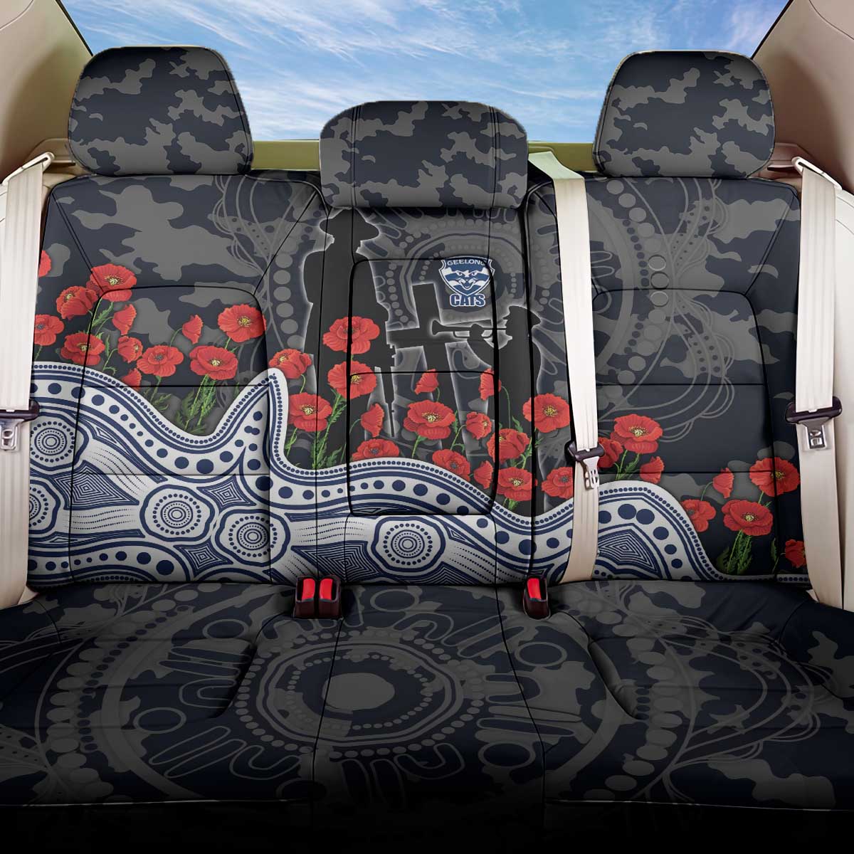 Geelong Cats ANZAC Day Back Car Seat Cover Indigenous Dot Art with Poppy Flower Tribute