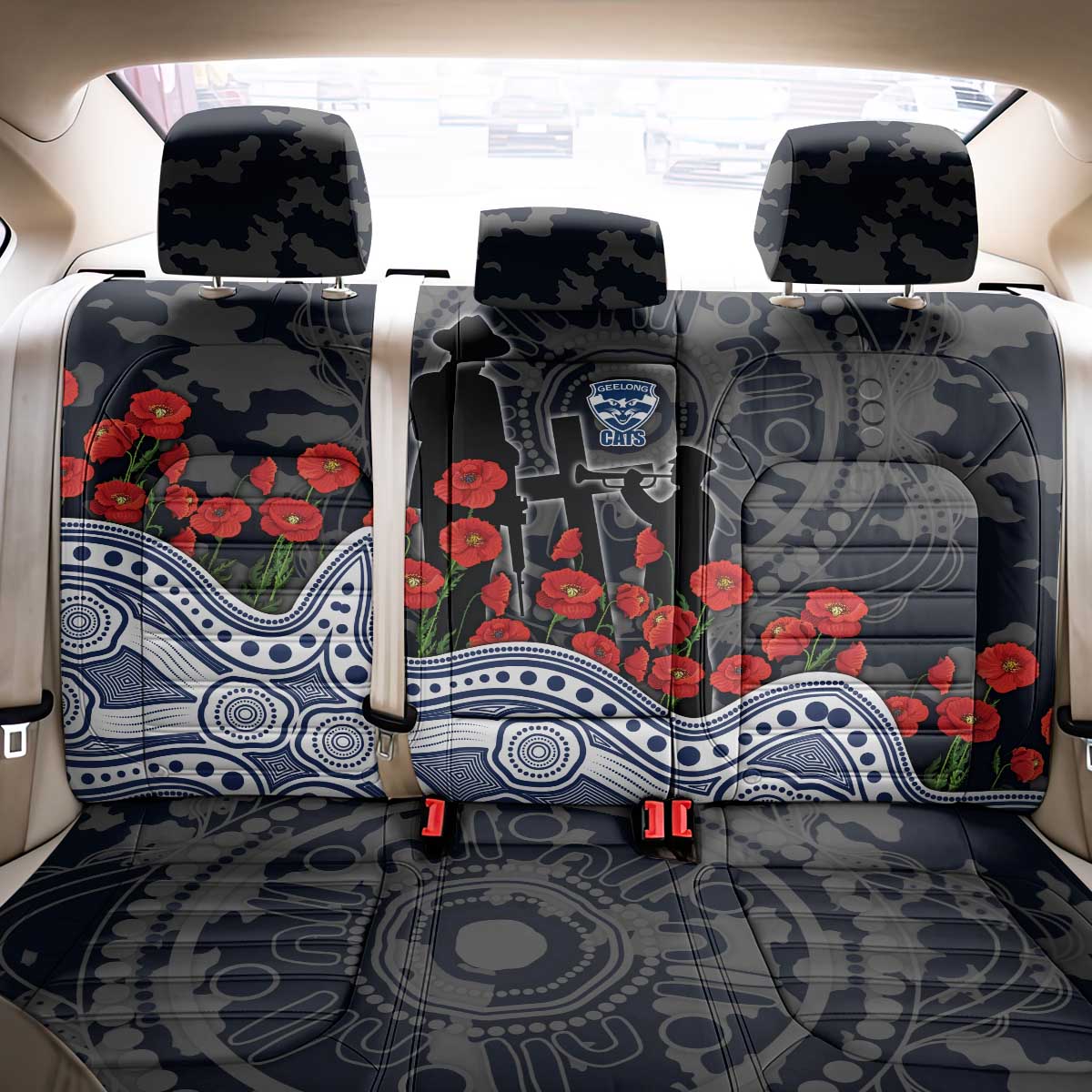 Geelong Cats ANZAC Day Back Car Seat Cover Indigenous Dot Art with Poppy Flower Tribute