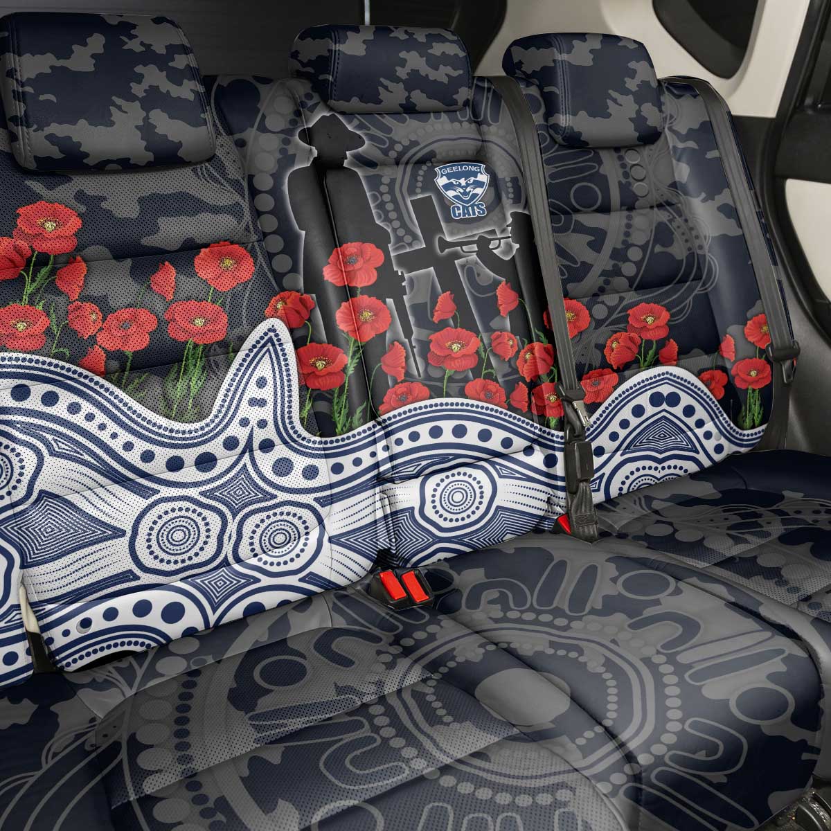 Geelong Cats ANZAC Day Back Car Seat Cover Indigenous Dot Art with Poppy Flower Tribute