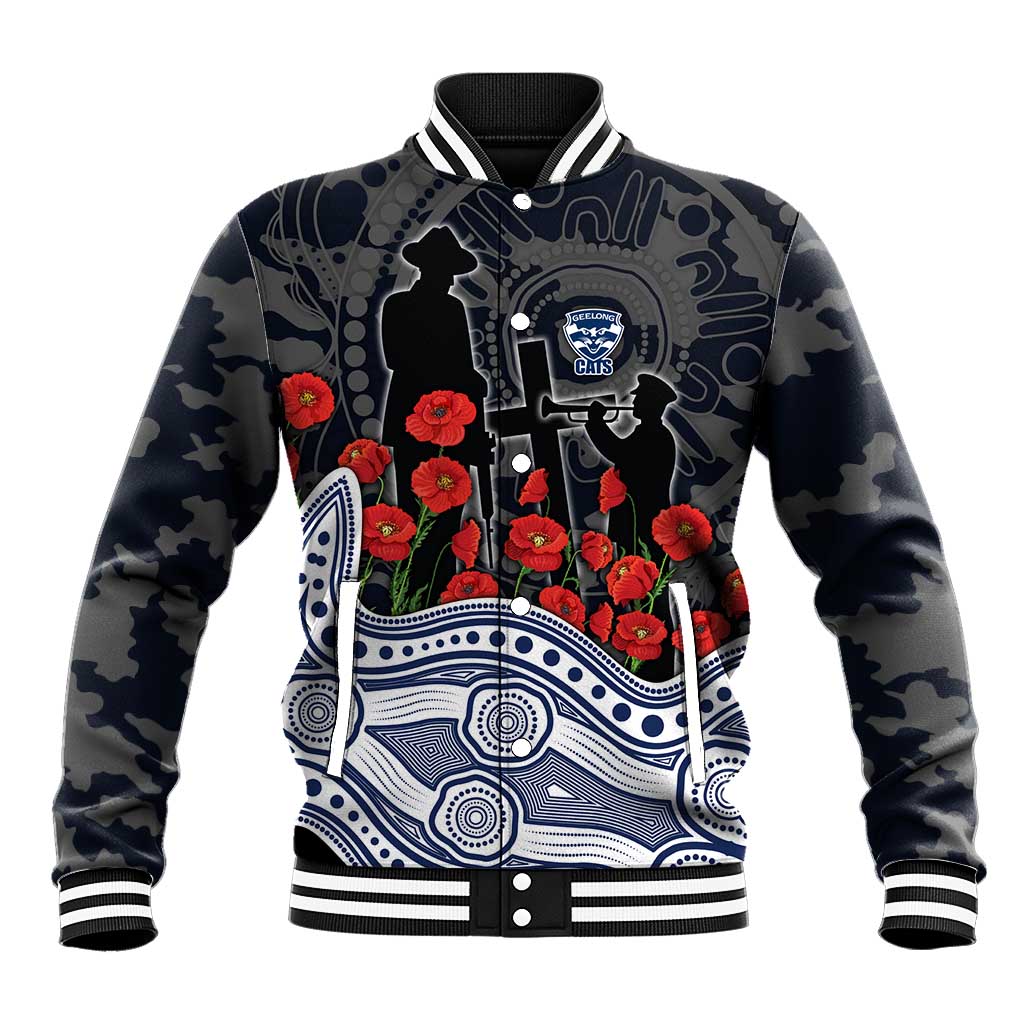 Geelong Cats ANZAC Day Baseball Jacket Indigenous Dot Art with Poppy Flower Tribute