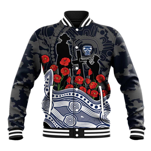 Geelong Cats ANZAC Day Baseball Jacket Indigenous Dot Art with Poppy Flower Tribute