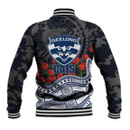 Geelong Cats ANZAC Day Baseball Jacket Indigenous Dot Art with Poppy Flower Tribute