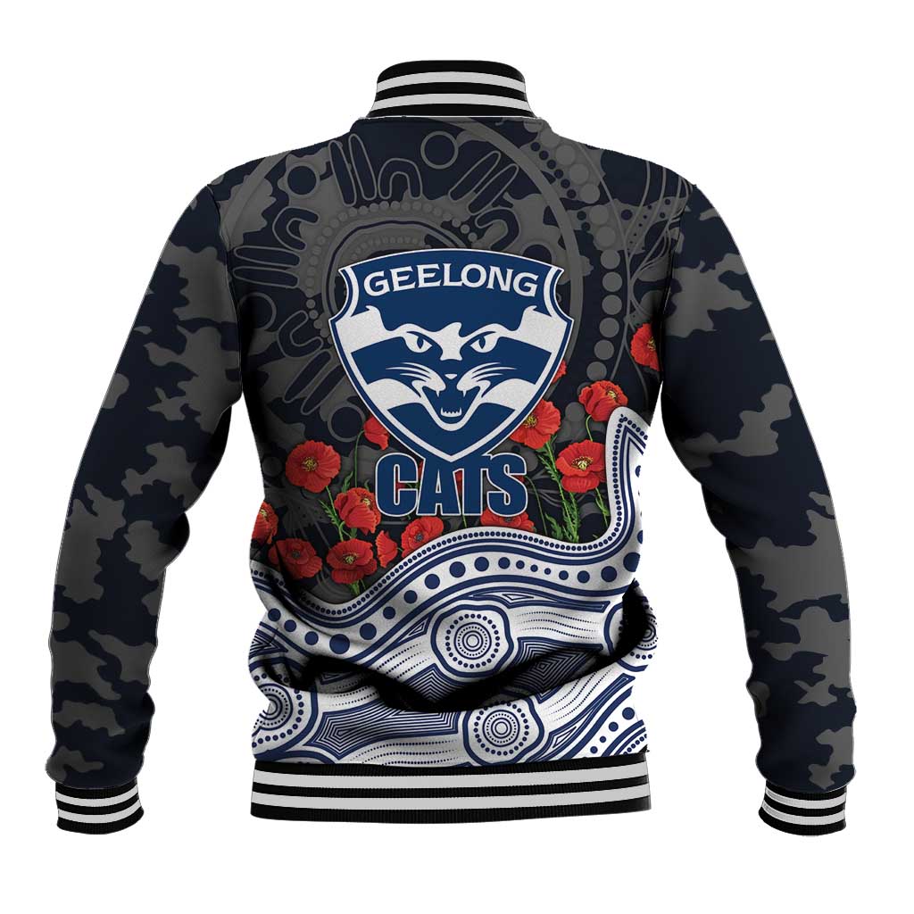 Geelong Cats ANZAC Day Baseball Jacket Indigenous Dot Art with Poppy Flower Tribute