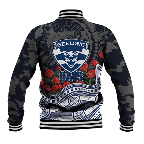 Geelong Cats ANZAC Day Baseball Jacket Indigenous Dot Art with Poppy Flower Tribute