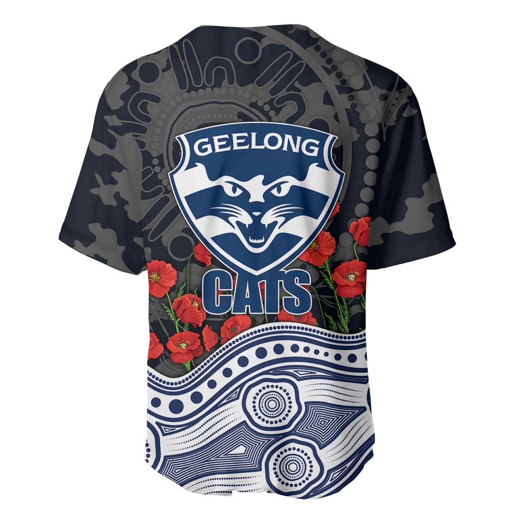 Geelong Cats ANZAC Day Baseball Jersey Indigenous Dot Art with Poppy Flower Tribute