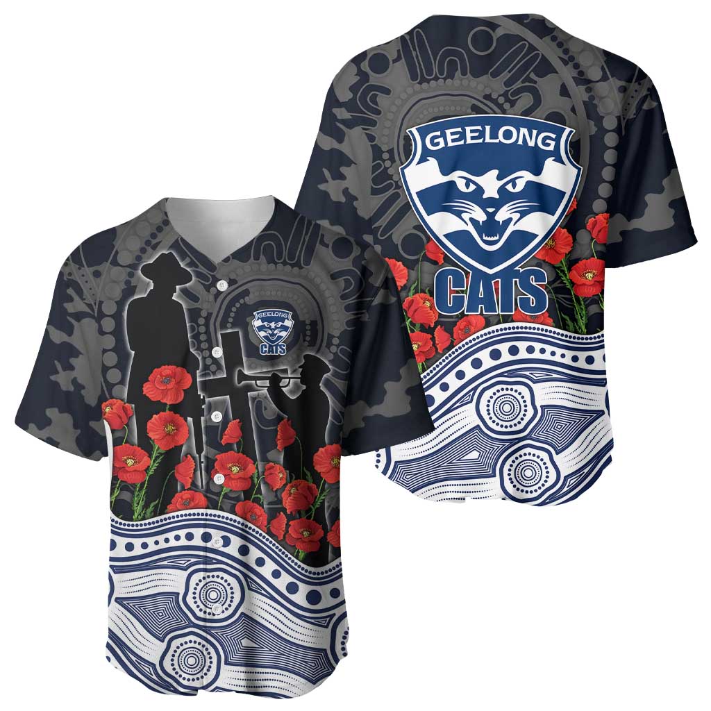 Geelong Cats ANZAC Day Baseball Jersey Indigenous Dot Art with Poppy Flower Tribute