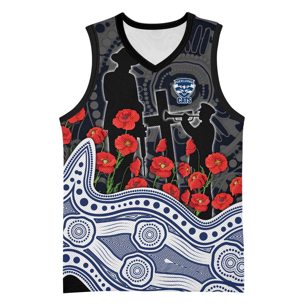 Geelong Cats ANZAC Day Basketball Jersey Indigenous Dot Art with Poppy Flower Tribute