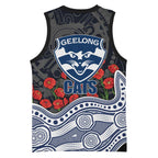 Geelong Cats ANZAC Day Basketball Jersey Indigenous Dot Art with Poppy Flower Tribute
