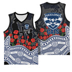 Geelong Cats ANZAC Day Basketball Jersey Indigenous Dot Art with Poppy Flower Tribute