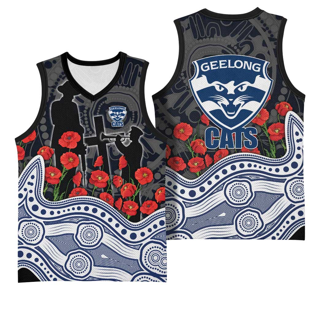 Geelong Cats ANZAC Day Basketball Jersey Indigenous Dot Art with Poppy Flower Tribute