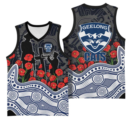 Geelong Cats ANZAC Day Basketball Jersey Indigenous Dot Art with Poppy Flower Tribute
