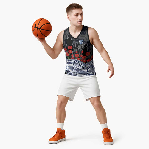 Geelong Cats ANZAC Day Basketball Jersey Indigenous Dot Art with Poppy Flower Tribute