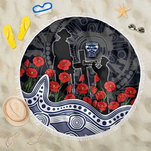 Geelong Cats ANZAC Day Beach Blanket Indigenous Dot Art with Poppy Flower Tribute