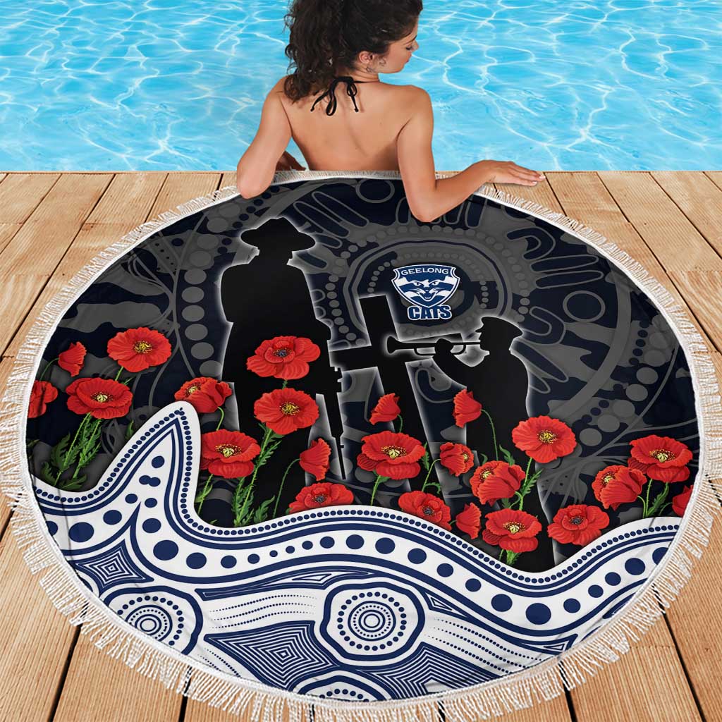Geelong Cats ANZAC Day Beach Blanket Indigenous Dot Art with Poppy Flower Tribute